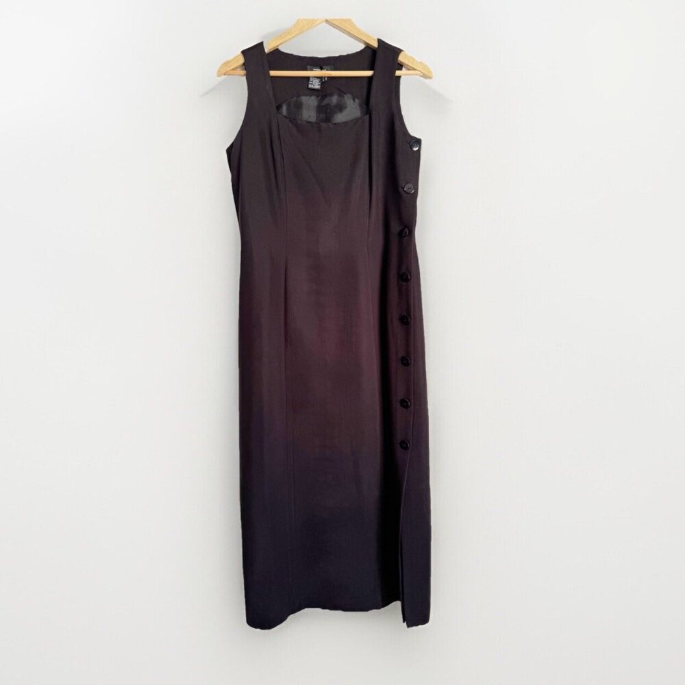 Vintage Boutique Europa Black Midi Sheath Dress Womens 8 Side Buttons Sleeveless